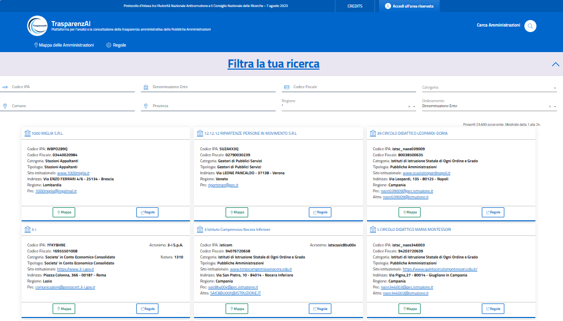 Menù Utente - Ricerca delle Amministrazioni
