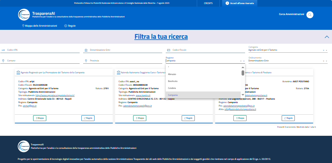 Menù Utente - Ricerca delle Amministrazioni