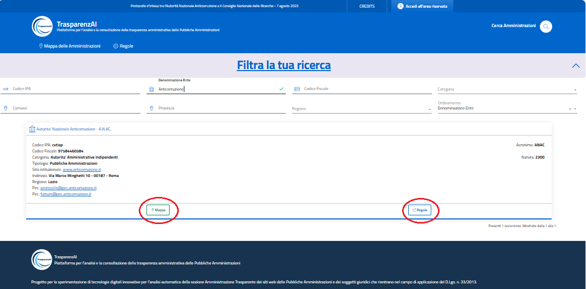 Menù Utente - Ricerca delle Amministrazioni